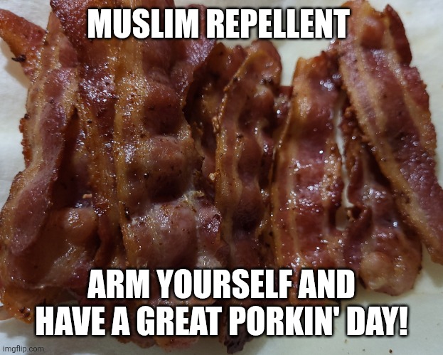I love bacon! | MUSLIM REPELLENT; ARM YOURSELF AND HAVE A GREAT PORKIN' DAY! | image tagged in i love bacon | made w/ Imgflip meme maker