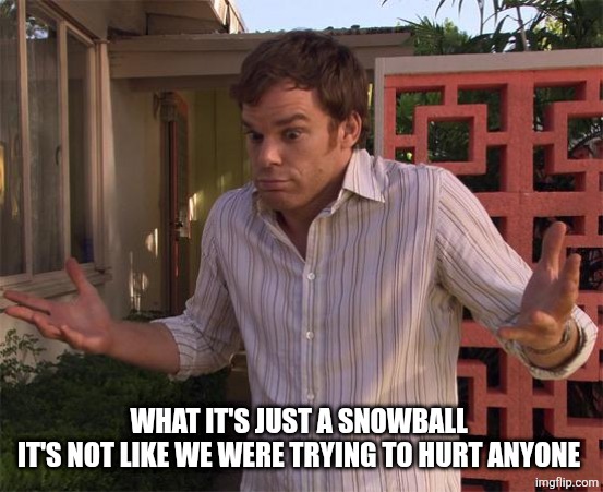 Dexter Shrug | WHAT IT'S JUST A SNOWBALL 
IT'S NOT LIKE WE WERE TRYING TO HURT ANYONE | image tagged in dexter shrug | made w/ Imgflip meme maker