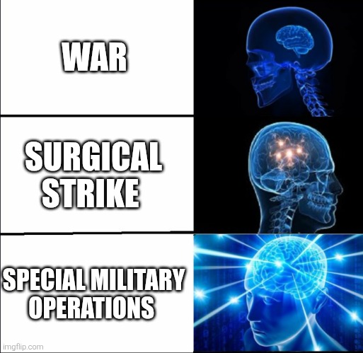 It's just war with a different label | WAR; SURGICAL STRIKE; SPECIAL MILITARY OPERATIONS | image tagged in galaxy brain 3 brains,war,trump,putin,xi jinping | made w/ Imgflip meme maker