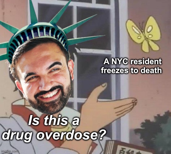 The warmth of socialism | A NYC resident freezes to death; Is this a drug overdose? | image tagged in memes,is this a pigeon,politics lol | made w/ Imgflip meme maker
