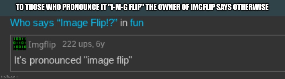 TO THOSE WHO PRONOUNCE IT "I-M-G FLIP" THE OWNER OF IMGFLIP SAYS OTHERWISE | made w/ Imgflip meme maker