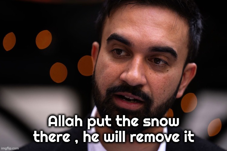 Zohran Mamdani | Allah put the snow there , he will remove it | image tagged in zohran mamdani | made w/ Imgflip meme maker
