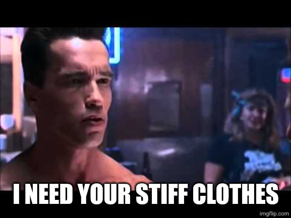 Terminator I Need Your Clothes | I NEED YOUR STIFF CLOTHES | image tagged in terminator i need your clothes | made w/ Imgflip meme maker