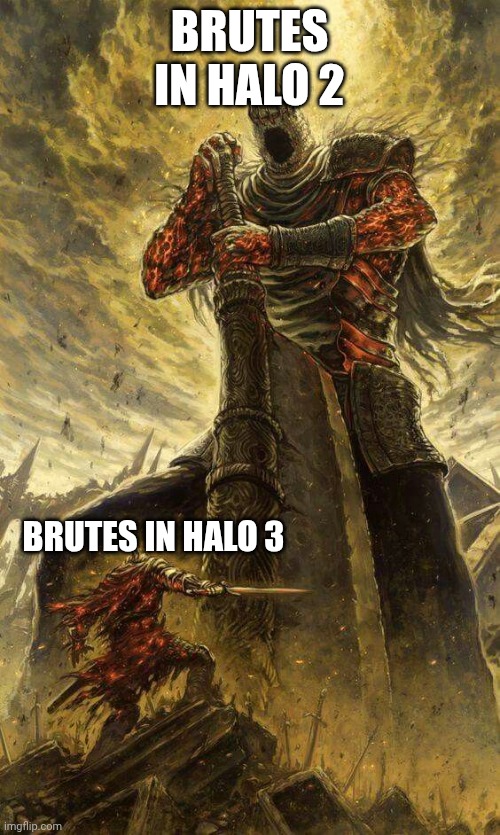 The Difficulty Difference is Surprising. | BRUTES IN HALO 2; BRUTES IN HALO 3 | image tagged in david goliat | made w/ Imgflip meme maker