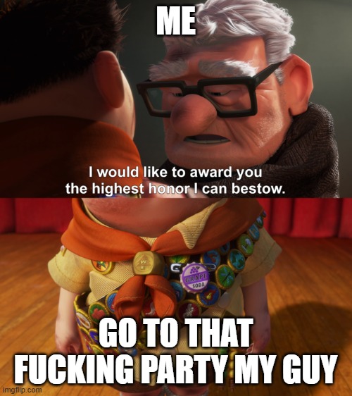 ME GO TO THAT FUCKING PARTY MY GUY | image tagged in i would like to award you the highest honor i can bestow | made w/ Imgflip meme maker