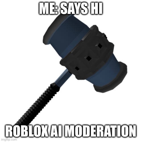 BAN HAMMER | ME: SAYS HI ROBLOX AI MODERATION | image tagged in ban hammer | made w/ Imgflip meme maker