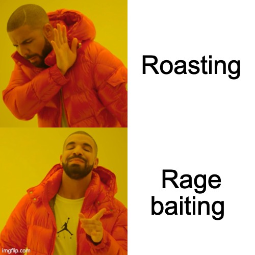 Life nowadays | Roasting; Rage baiting | image tagged in memes,drake hotline bling,roast,ragebait | made w/ Imgflip meme maker