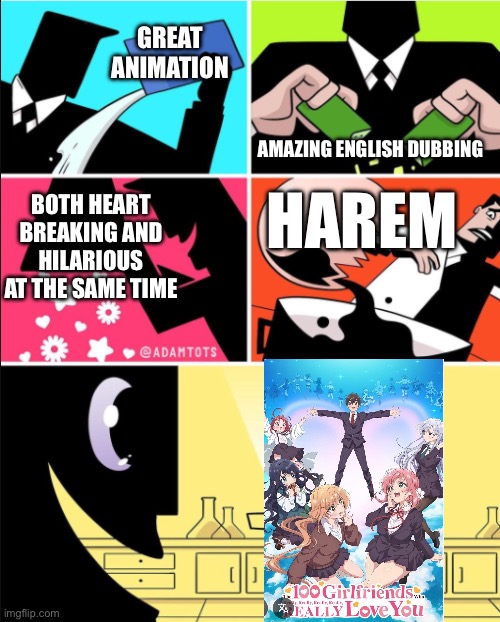 I’m convinced this is actually the golden ratio of anime and you can’t change my mind | GREAT ANIMATION; AMAZING ENGLISH DUBBING; BOTH HEART BREAKING AND HILARIOUS AT THE SAME TIME; HAREM | image tagged in powerpuff girls | made w/ Imgflip meme maker