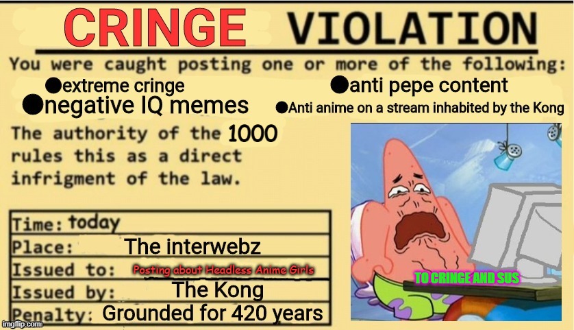 Cringe Violation | 1000 Posting about Headless Anime Girls TO CRINGE AND SUS | image tagged in cringe violation | made w/ Imgflip meme maker