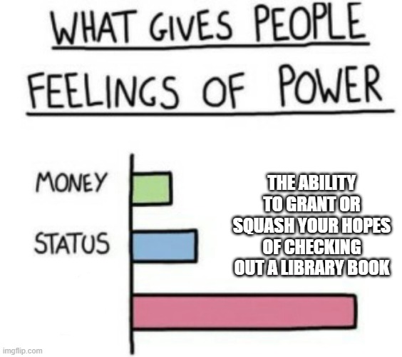 Library workers | THE ABILITY TO GRANT OR SQUASH YOUR HOPES OF CHECKING OUT A LIBRARY BOOK | image tagged in what gives people feelings of power | made w/ Imgflip meme maker