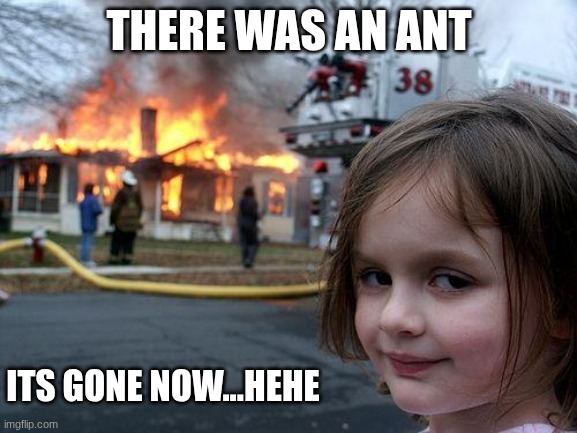 Disaster Girl | THERE WAS AN ANT; ITS GONE NOW...HEHE | image tagged in memes,disaster girl | made w/ Imgflip meme maker