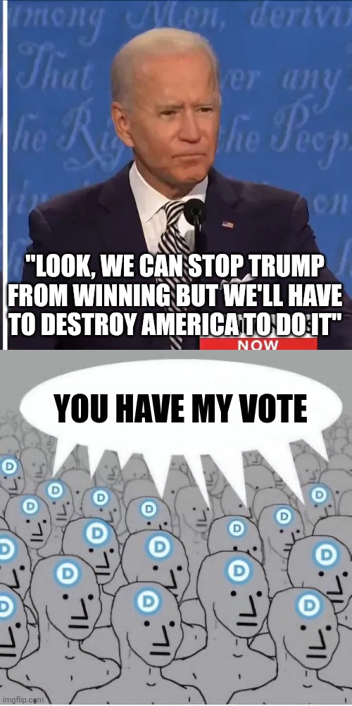 You had us at "Stop Trump" | "LOOK, WE CAN STOP TRUMP FROM WINNING BUT WE'LL HAVE TO DESTROY AMERICA TO DO IT"; YOU HAVE MY VOTE | image tagged in joe biden,npc democrat template with speech bubble | made w/ Imgflip meme maker