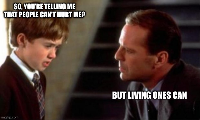i see dead people | SO, YOU’RE TELLING ME THAT PEOPLE CAN’T HURT ME? BUT LIVING ONES CAN | image tagged in i see dead people | made w/ Imgflip meme maker