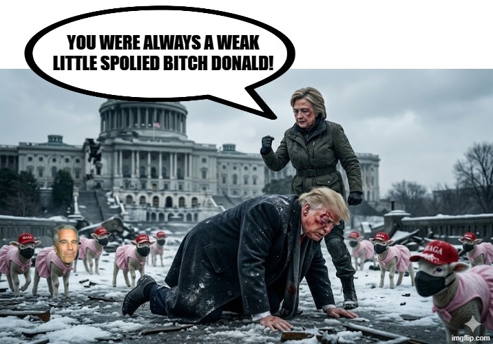 HILLARY CLINTON TESTIFIES! | YOU WERE ALWAYS A WEAK LITTLE SPOLIED BITCH DONALD! | image tagged in hillary clinton,trump,jeffrey epstein,epstein,bill clinton,lock him up | made w/ Imgflip meme maker