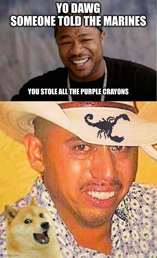 YO DAWG
SOMEONE TOLD THE MARINES; YOU STOLE ALL THE PURPLE CRAYONS | image tagged in memes,yo dawg heard you,sad mexican | made w/ Imgflip meme maker