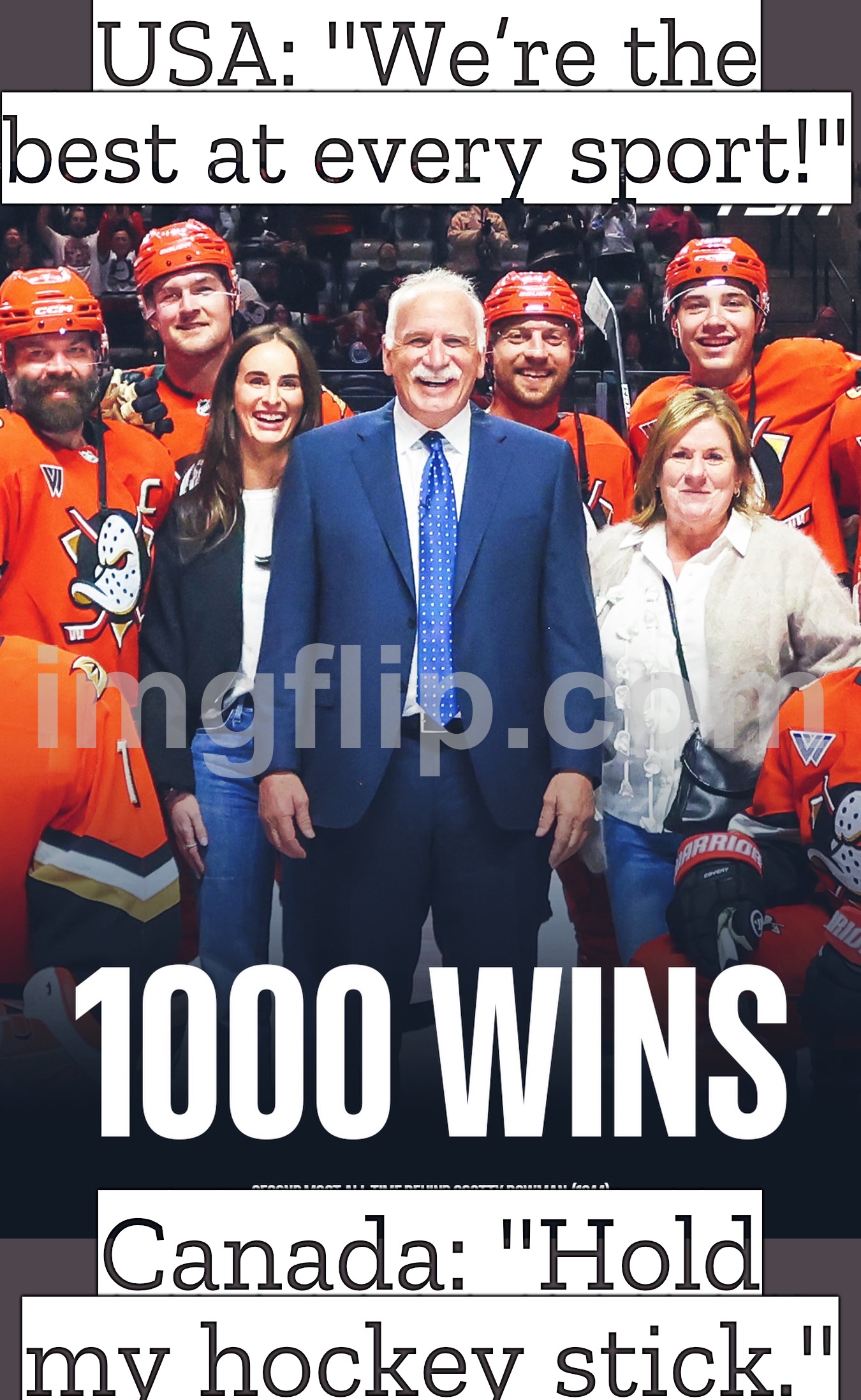 USA: "We’re the best at every sport!"; Canada: "Hold my hockey stick." | USA: "We’re the best at every sport!"; Canada: "Hold my hockey stick." | image tagged in hockey,hockey baby,usa,canada,america vs canada,sports | made w/ Imgflip meme maker