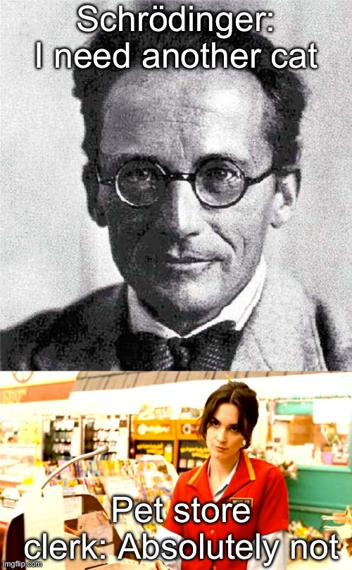 Schrödinger’s Barbarism | Schrödinger: I need another cat; Pet store clerk: Absolutely not | image tagged in schrodinger,angry store clerk,cat,oh no,absolutely barbaric | made w/ Imgflip meme maker