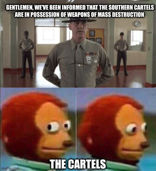 GENTLEMEN, WE'VE BEEN INFORMED THAT THE SOUTHERN CARTELS
 ARE IN POSSESSION OF WEAPONS OF MASS DESTRUCTION; THE CARTELS | image tagged in gunny hartman,monkey looking away | made w/ Imgflip meme maker