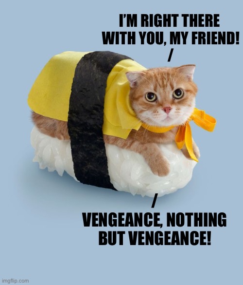 I’M RIGHT THERE 
WITH YOU, MY FRIEND!
/ /
VENGEANCE, NOTHING
BUT VENGEANCE! | made w/ Imgflip meme maker