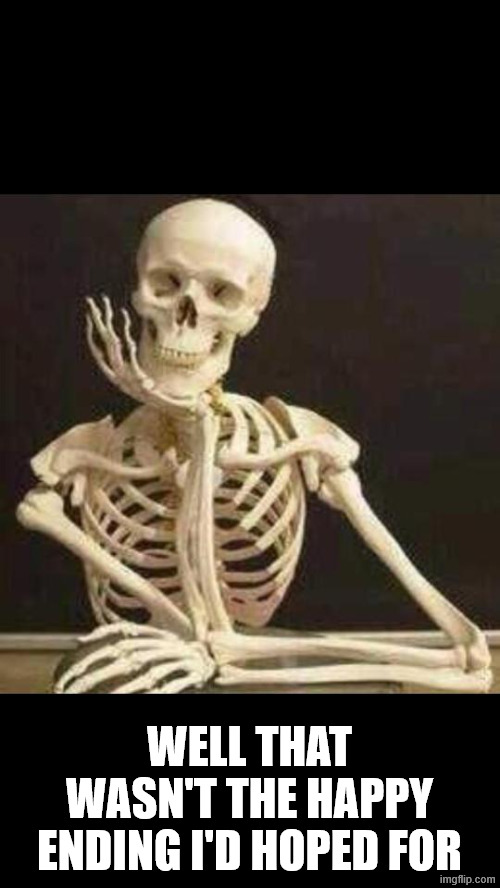 WELL THAT WASN'T THE HAPPY ENDING I'D HOPED FOR | image tagged in skeleton waiting | made w/ Imgflip meme maker