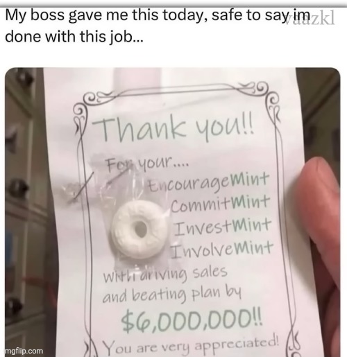 A fucking mint? The disgusting kind??? | image tagged in jobs,mint,letter,boss,disappointment,stupid | made w/ Imgflip meme maker