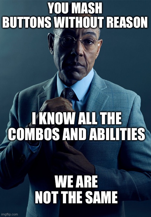 Gus Fring we are not the same | YOU MASH BUTTONS WITHOUT REASON; I KNOW ALL THE COMBOS AND ABILITIES; WE ARE NOT THE SAME | image tagged in gus fring we are not the same | made w/ Imgflip meme maker