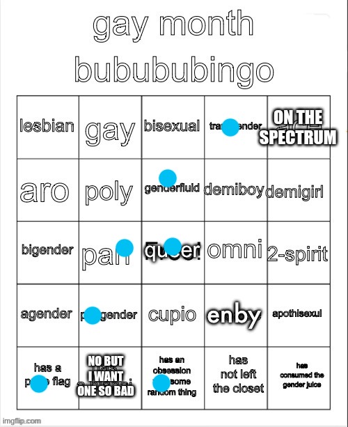 Bingooooooooooooo no not really | ON THE SPECTRUM; NO BUT I WANT ONE SO BAD | image tagged in gay bingo | made w/ Imgflip meme maker