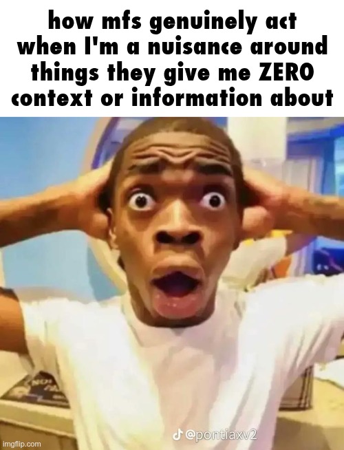 this is mostly a personal thing but it happens so often and it's so annoying | how mfs genuinely act when I'm a nuisance around things they give me ZERO context or information about | image tagged in shocked black guy | made w/ Imgflip meme maker