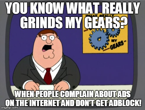Peter Griffin News Meme | YOU KNOW WHAT REALLY GRINDS MY GEARS? WHEN PEOPLE COMPLAIN ABOUT ADS ON THE INTERNET AND DON'T GET ADBLOCK! | image tagged in memes,peter griffin news | made w/ Imgflip meme maker