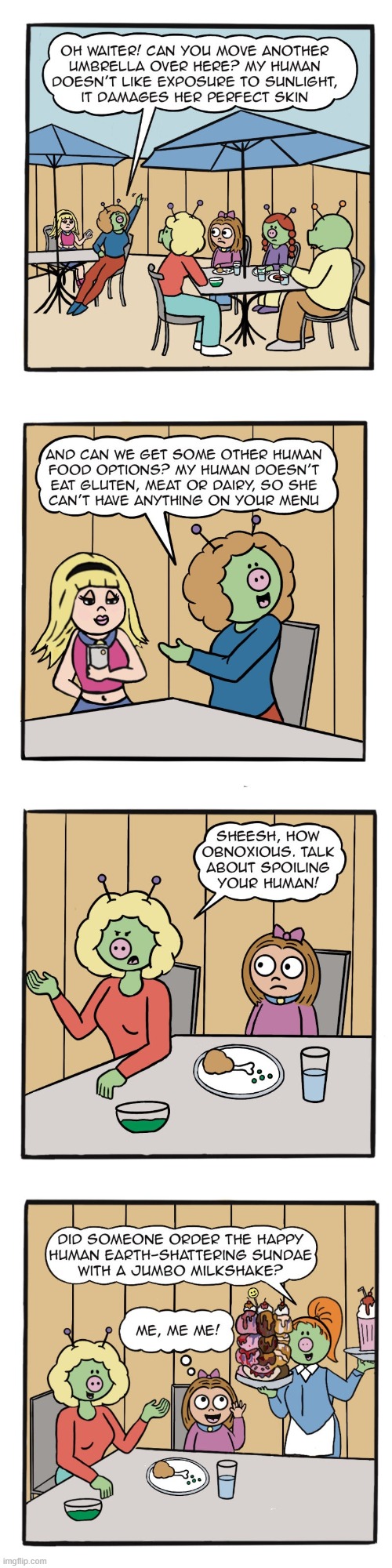 image tagged in humans,sally,aliens,restaurant,sundae,milkshake | made w/ Imgflip meme maker