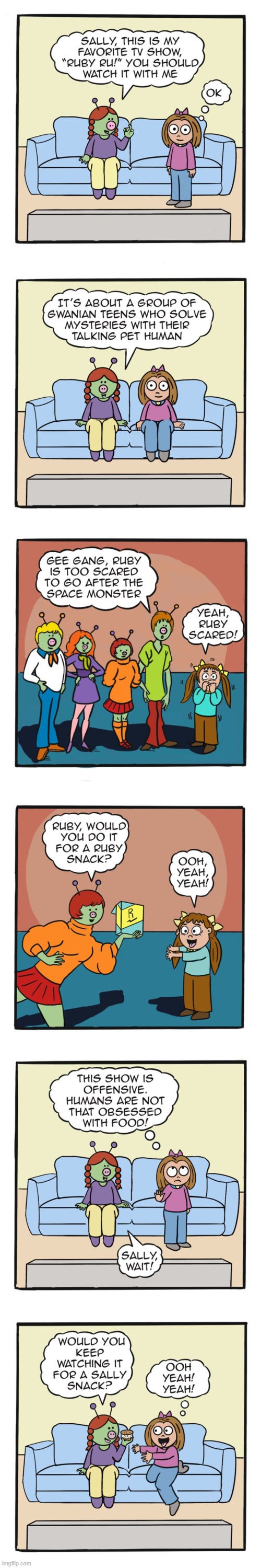 image tagged in human,sally,alien,scooby doo,snacks,scooby snacks | made w/ Imgflip meme maker