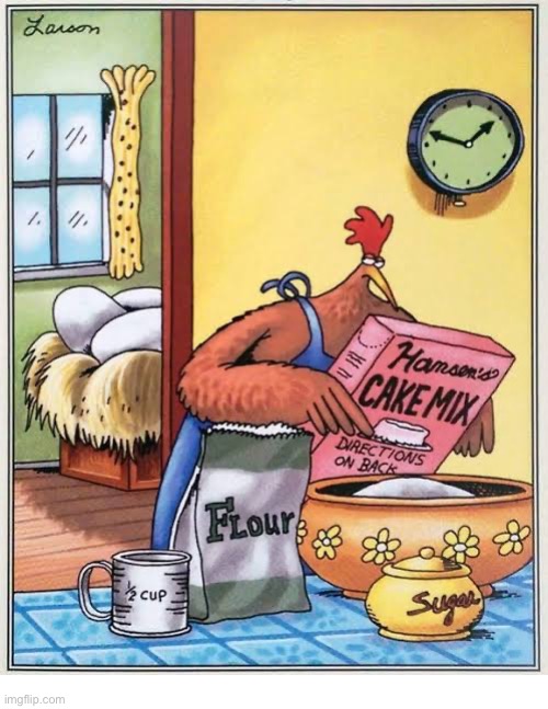 Cake or cannibalism? | image tagged in the far side,comics,hen,cake mix,eggs,decisions | made w/ Imgflip meme maker