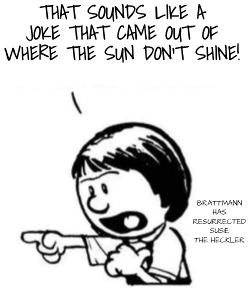 Susie yelling at Calvin | THAT SOUNDS LIKE A JOKE THAT CAME OUT OF WHERE THE SUN DON'T SHINE! BRATTMANN HAS RESURRECTED SUSIE THE HECKLER | image tagged in susie yelling at calvin | made w/ Imgflip meme maker