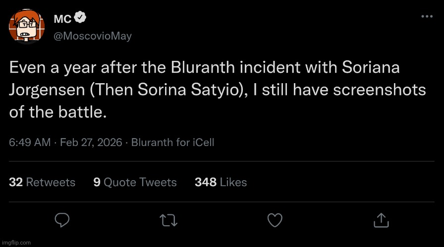 Created a Bluranth post of MC because the Bluranth kid incident is now a year old | image tagged in mc,moscovio may,bluranth,sorina satyio,incident | made w/ Imgflip meme maker