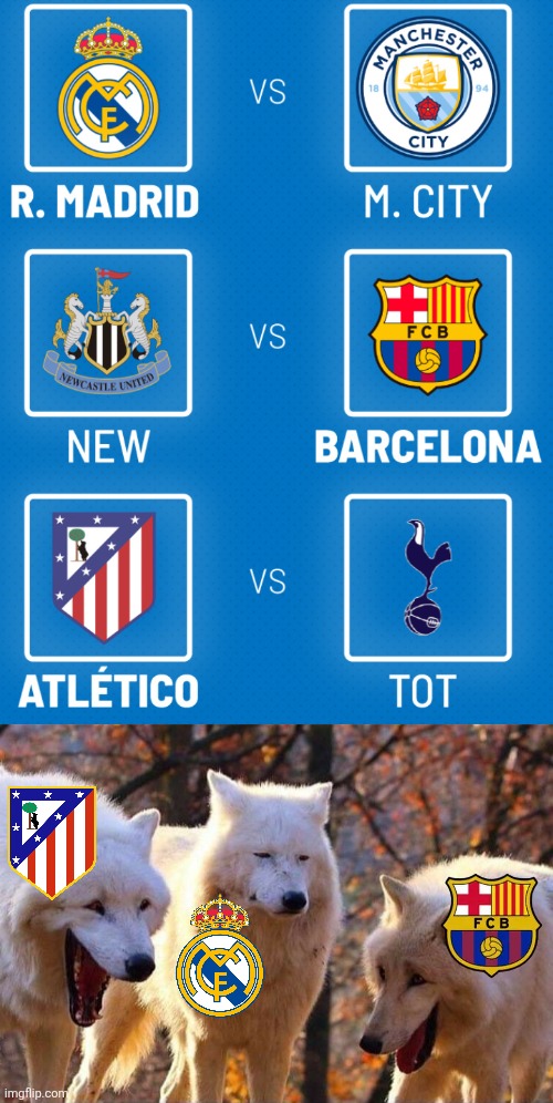 Meanwhile 3 Spanish Sides Madrid, Atleti and Barcelona after the UCL Last 16 draw | image tagged in laughing wolf,real madrid,atletico madrid,barcelona,champions league,sports | made w/ Imgflip meme maker