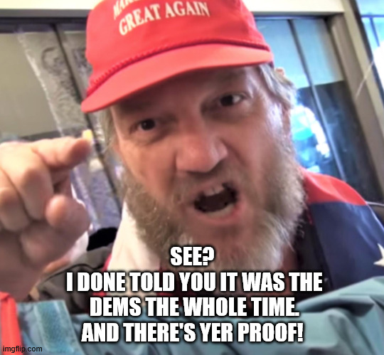 ANGRY TRUMP SUPPORTER | SEE?
 I DONE TOLD YOU IT WAS THE
 DEMS THE WHOLE TIME.
AND THERE'S YER PROOF! | image tagged in angry trump supporter | made w/ Imgflip meme maker