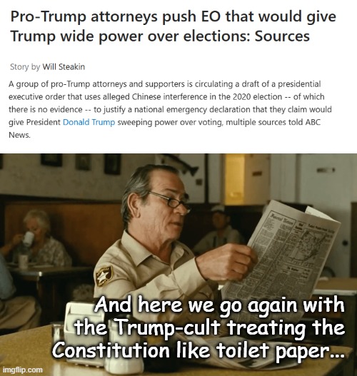 Mhmm. | And here we go again with
the Trump-cult treating the
Constitution like toilet paper... | image tagged in tommy reads,the constitution,it's the law | made w/ Imgflip meme maker