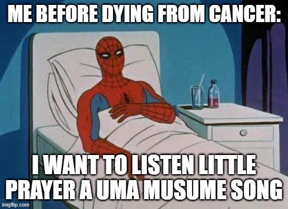 me before dying from cancer | ME BEFORE DYING FROM CANCER:; I WANT TO LISTEN LITTLE PRAYER A UMA MUSUME SONG | image tagged in memes,spiderman hospital,spiderman,uma musume | made w/ Imgflip meme maker