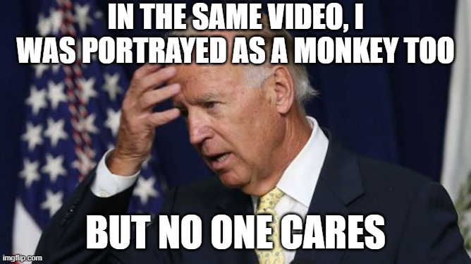 Joe Biden worries | IN THE SAME VIDEO, I WAS PORTRAYED AS A MONKEY TOO; BUT NO ONE CARES | image tagged in joe biden worries | made w/ Imgflip meme maker