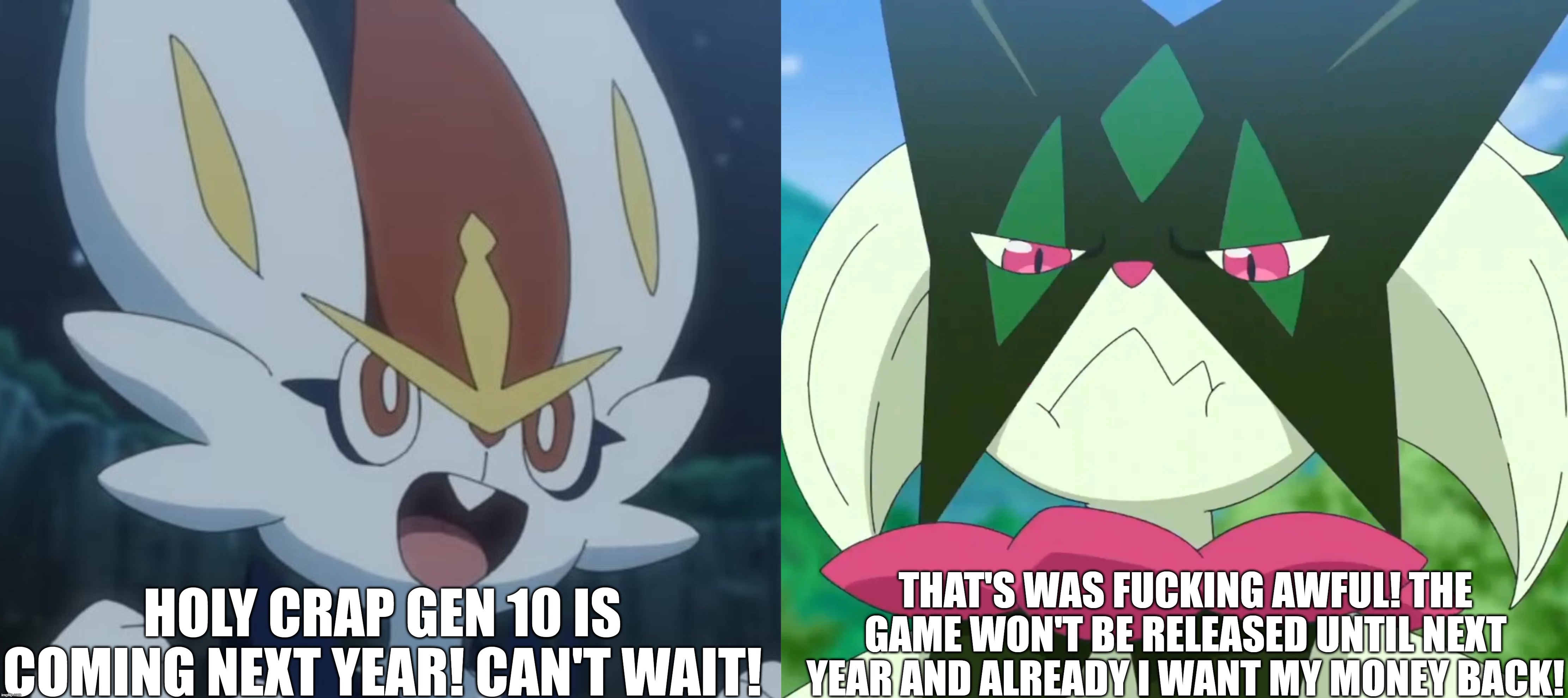 Two different reactions to Pokemon Wind and Waves | HOLY CRAP GEN 10 IS COMING NEXT YEAR! CAN'T WAIT! THAT'S WAS FUCKING AWFUL! THE GAME WON'T BE RELEASED UNTIL NEXT YEAR AND ALREADY I WANT MY MONEY BACK! | image tagged in pokemon,reactions | made w/ Imgflip meme maker