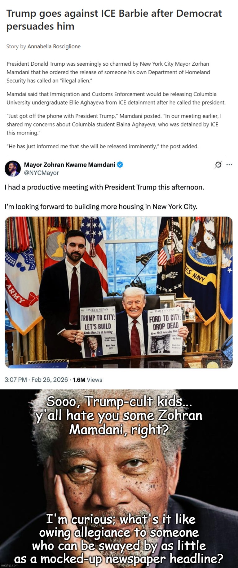 Trinkets and baubles, tokens and gewgaws... these are a toddler's favorite things... | Sooo, Trump-cult kids...
y'all hate you some Zohran
Mamdani, right? I'm curious; what's it like
owing allegiance to someone
who can be swayed by as little
as a mocked-up newspaper headline? | image tagged in spineless jellyfish,morgan freeman,trump is weak,soft soap,wishy-washy,push-over | made w/ Imgflip meme maker