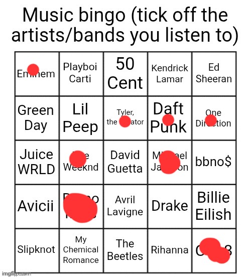 Micheal Jackson and Bruno Mars are my two favs | image tagged in music bingo | made w/ Imgflip meme maker