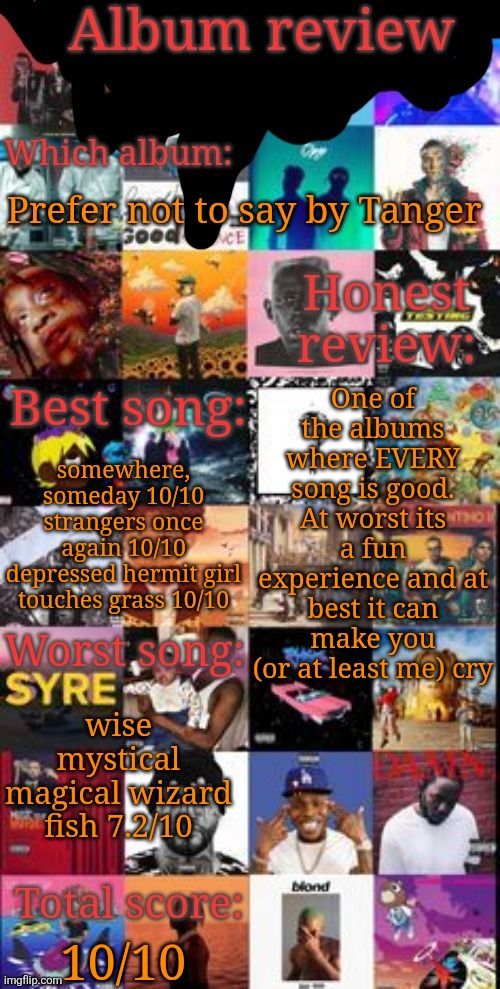 one of the albums in this template is called KIRK i just wanted to say that | Prefer not to say by Tanger; One of the albums where EVERY song is good. At worst its a fun experience and at best it can make you (or at least me) cry; somewhere, someday 10/10
strangers once again 10/10
depressed hermit girl touches grass 10/10; wise mystical magical wizard fish 7.2/10; 10/10 | image tagged in album review | made w/ Imgflip meme maker