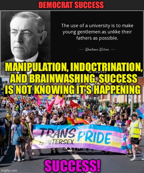 Democrat success went from “Don’t be like your father” to Don’t be like ANY Father! | MANIPULATION, INDOCTRINATION, AND BRAINWASHING, SUCCESS IS NOT KNOWING IT’S HAPPENING; SUCCESS! | image tagged in wilson,democrats,brainwashing,democratic socialism,indoctrination,higher education | made w/ Imgflip meme maker