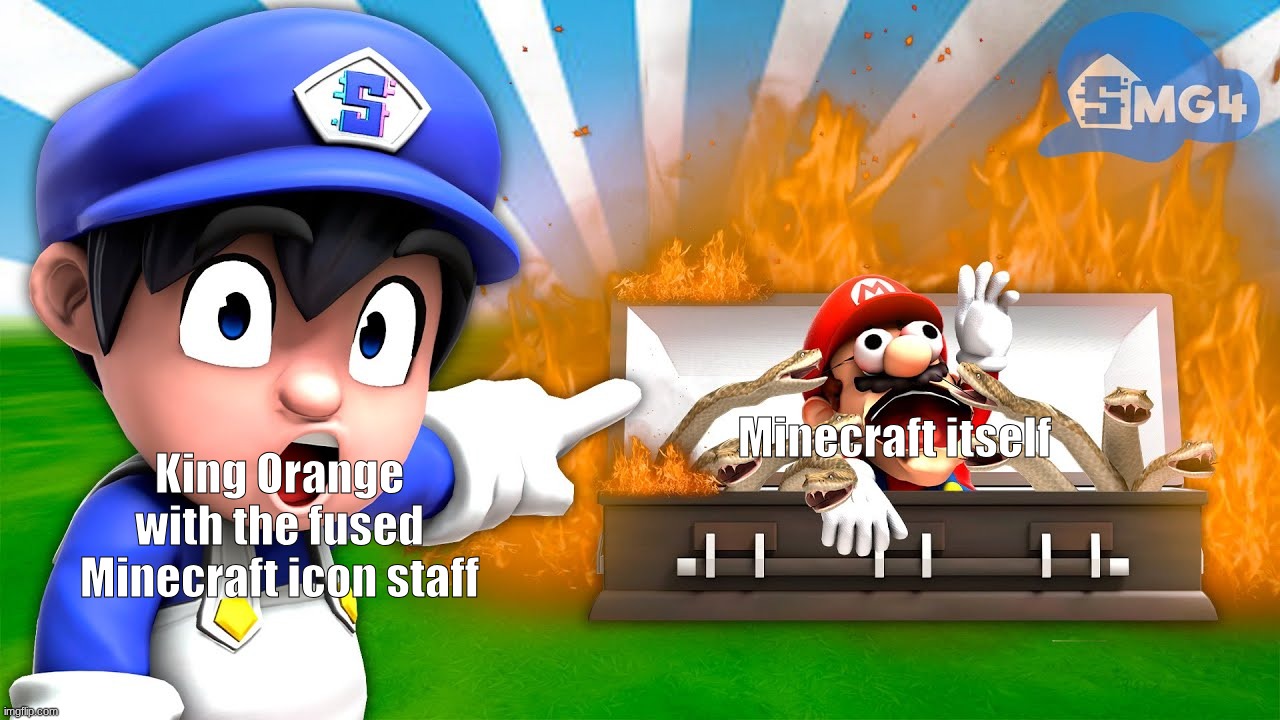 AvM 30 in a nutshell | Minecraft itself; King Orange with the fused Minecraft icon staff | image tagged in smg4 pointing at mario,minecraft,king orange,alan becker,destruction | made w/ Imgflip meme maker