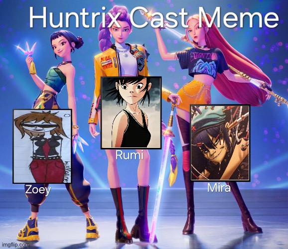 HUNTR/X cast meme with the female Gorillaz members | image tagged in huntrix cast meme,kpop demon hunters,gorillaz,spoof cast | made w/ Imgflip meme maker