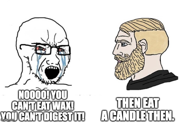 candles are yummy | THEN EAT A CANDLE THEN. NOOOO! YOU CAN'T EAT WAX! YOU CAN'T DIGEST IT! | image tagged in soyboy vs yes chad | made w/ Imgflip meme maker