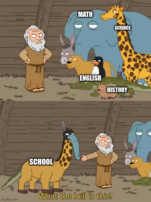 Family guy Noah | MATH; SCIENCE; HISTORY; ENGLISH; SCHOOL | image tagged in family guy noah | made w/ Imgflip meme maker