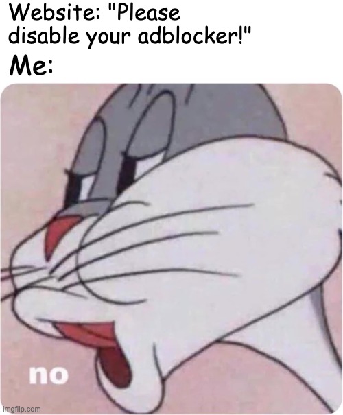 Bugs Bunny No | Website: "Please disable your adblocker!"; Me: | image tagged in bugs bunny no | made w/ Imgflip meme maker