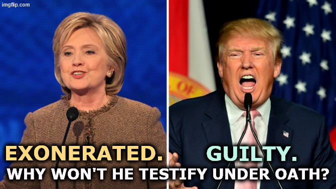 Now the precedent has been set. If President Bill can be compelled to testify, why won't they ask President Donnie? | EXONERATED. GUILTY. WHY WON'T HE TESTIFY UNDER OATH? | image tagged in trump and clinton,trump,bill clinton,hillary clinton | made w/ Imgflip meme maker